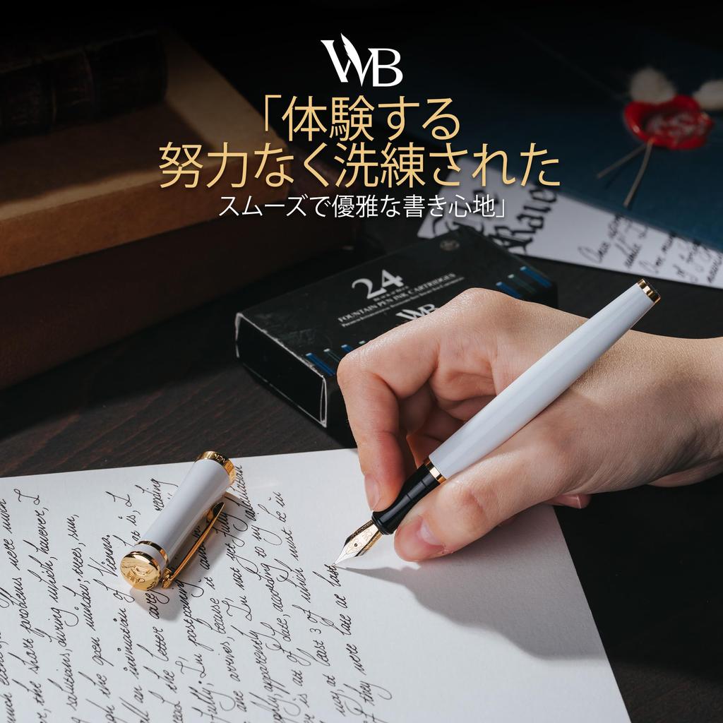 Wordsworth Black Fountain Pen Medium with 6 Ink Cartridges and Ink Refill Gift Smooth White Unisex & Set, Nib, Converter, Case, Journaling,