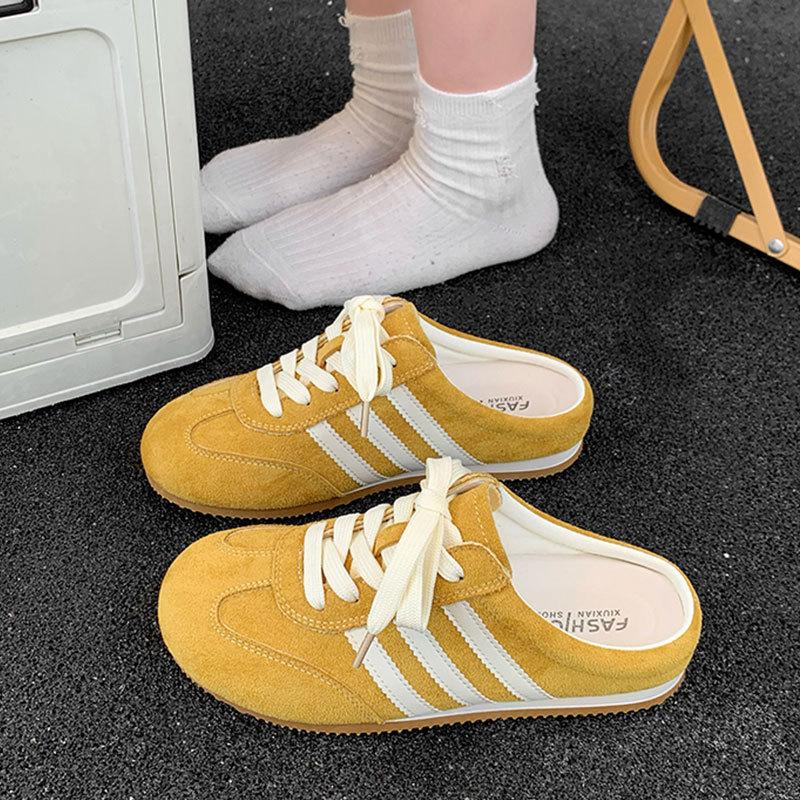 Женские повседневные туфли для скейтбординга в полоску с низким верхом, на шнуровке, без застежек, летние тапочки Baotou Half