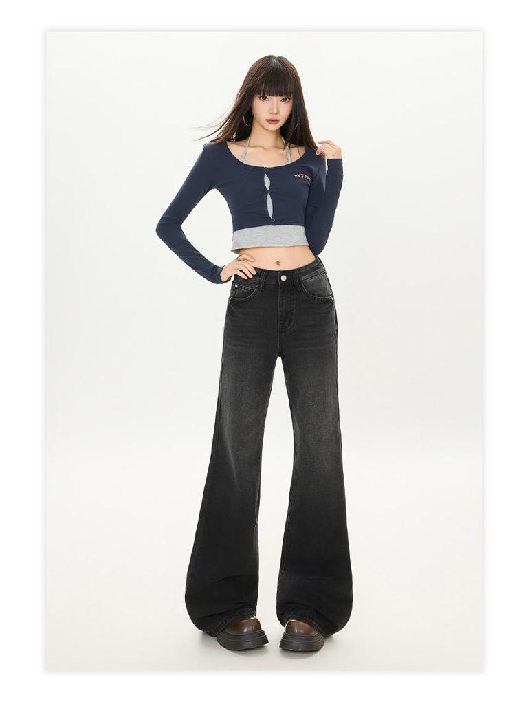 2025 Черно-серые вельветовые джинсы клеш с высокой посадкой и широкими штанинами для женщин