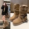 Fashion Vintage Thick Heel Women Western Cowboy Boots Autumn Winter Ladies Shoes Belt Buckle Elegant Mid Calf Booties