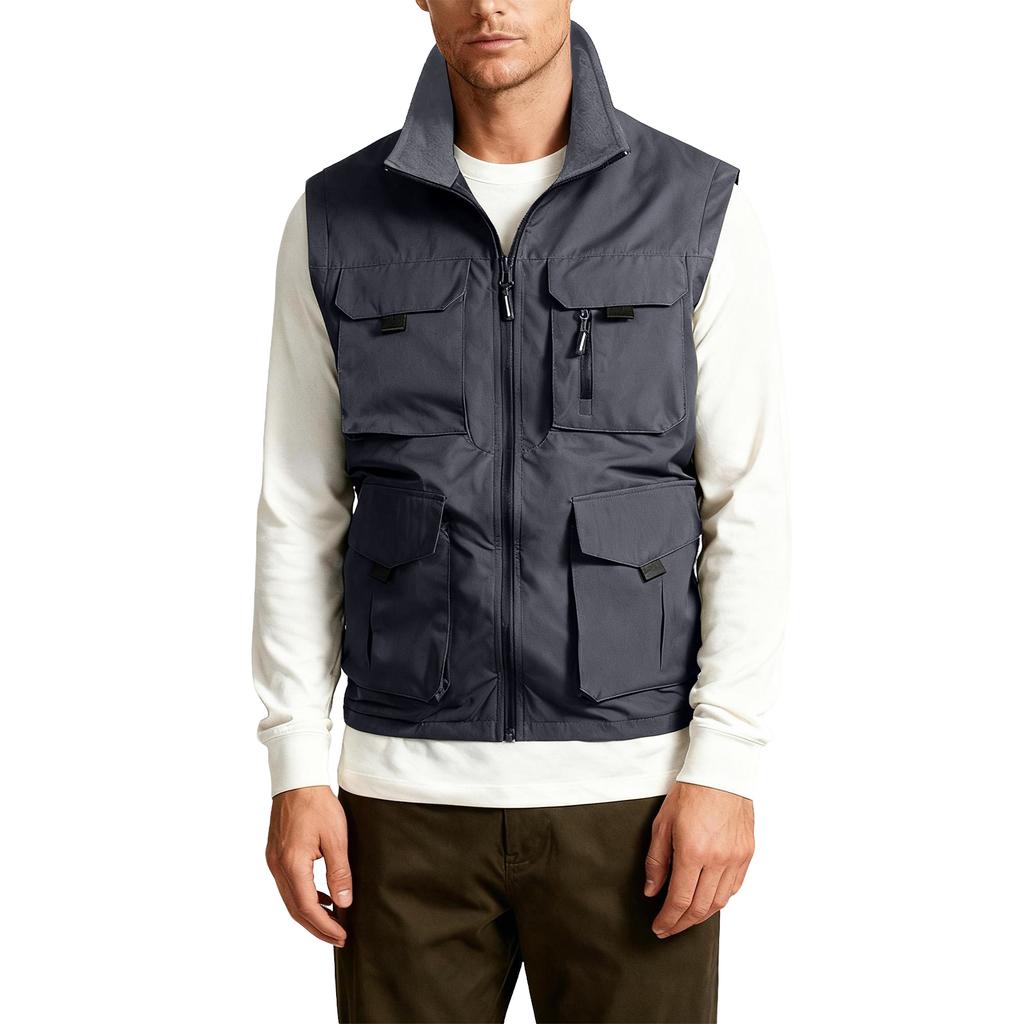Men's Outdoor Cargo Vest Fishing Work Travel Photo Vests Zip Up Stand Collar Sleeveless Jacket With Pockets