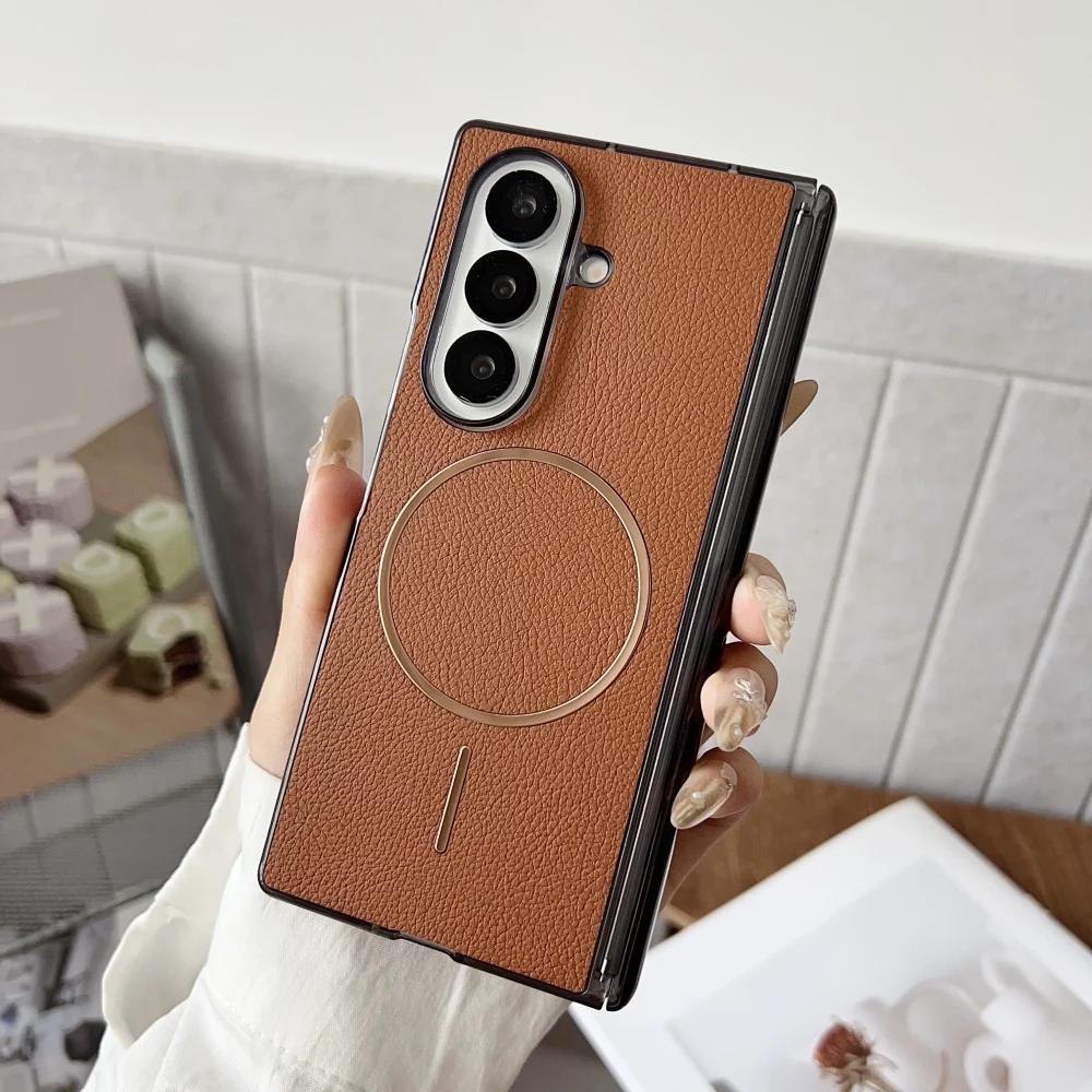 for Magsafe Magnetic Leather Case for Samsung Galaxy Z Fold 7 6 5 4 ZFold fold7 Wireless Charging Shockproof Business Back Cover
