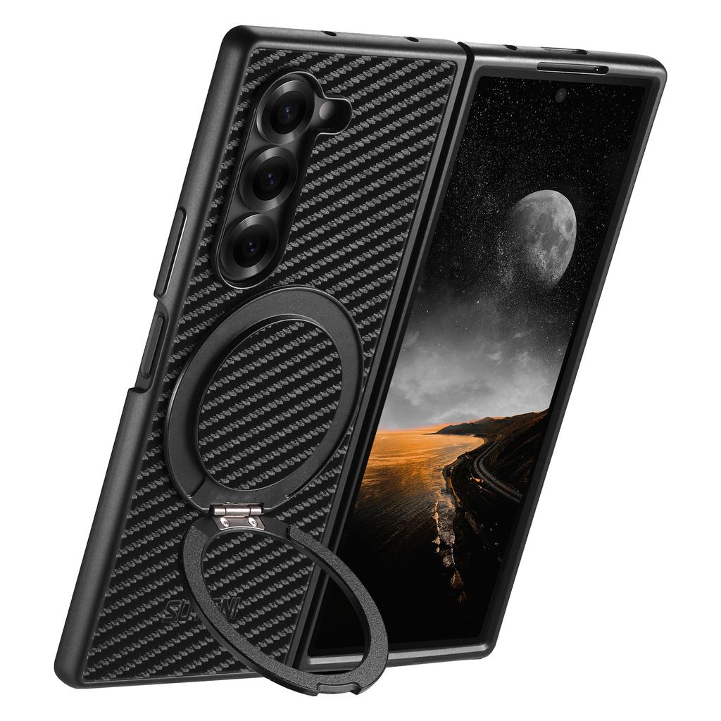 SUTENI G3 For Samsung Galaxy Z Fold6 5G Magnetic Case Rotating Kickstand Carbon Fiber Texture Leather Phone Back Cover
