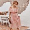 Summer Lace Off The Shoulder Women Dress Casual Slash Neck Solid High Waist Mid-calf Black Pink Yellow S M L XL