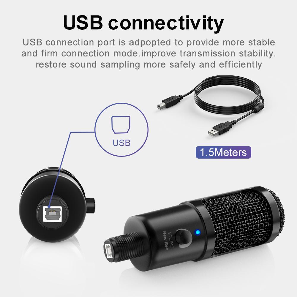 New Bee USB Microphone Condenser Professional Mic with Shock Mount for Computer Laptop Gaming Streaming Recording Studio