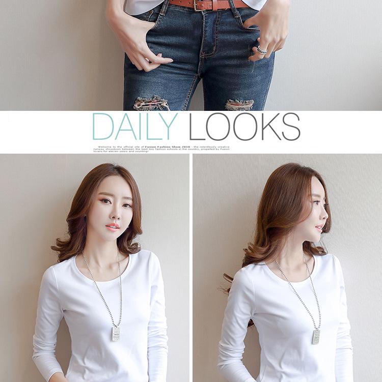 Korean Style Women's Slim Solid Color White Long-Sleeve T-Shirt for Autumn and Winter