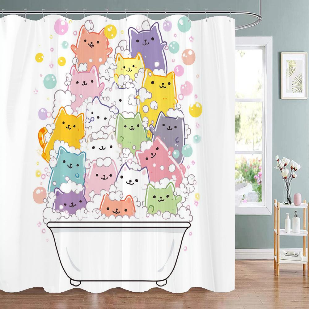 Cute Bathing Cats Art Cartoon Shower Curtain, Bathroom Decorative Shower Curtain, Waterproof Shower Curtain With Hooks
