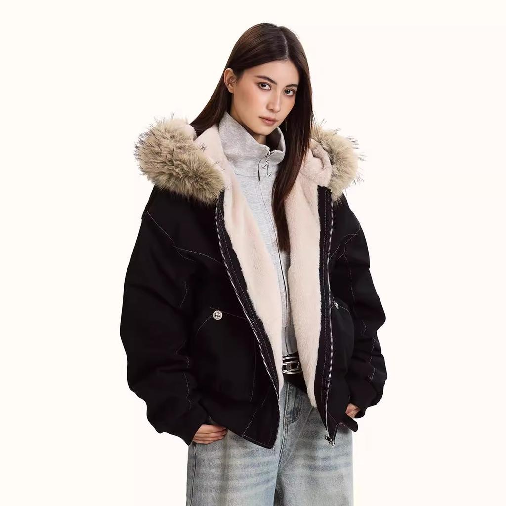 Fur Collar Jacket Cotton Clothes Men And Women Winter Thickened Loose American Cleanfit Tooling Jacket Velvet Tide