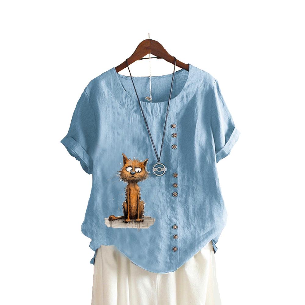 Женская свободная рубашка-пуловер, женская повседневная льняная блузка с круглым вырезом и принтом, летняя модная футболка с коротким рукавом