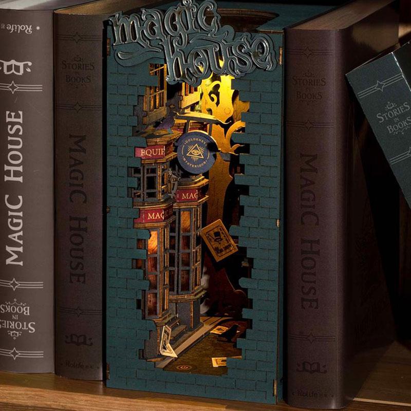 Book Nook DIY Dollhouse Furniture 4 Kinds Booknook Bookends Model Kit with LED Light for Bookshelf Insert Decor