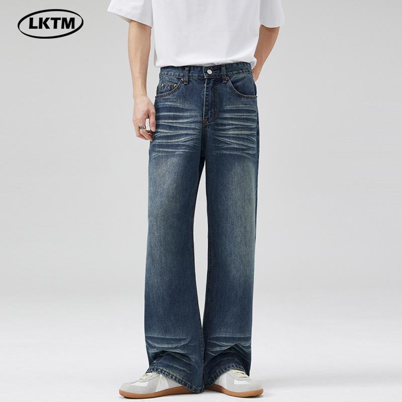 LKTM Джинсы унисекс в американском ретро-стиле, темно-синие, микроклеш, с потертостями, длинные