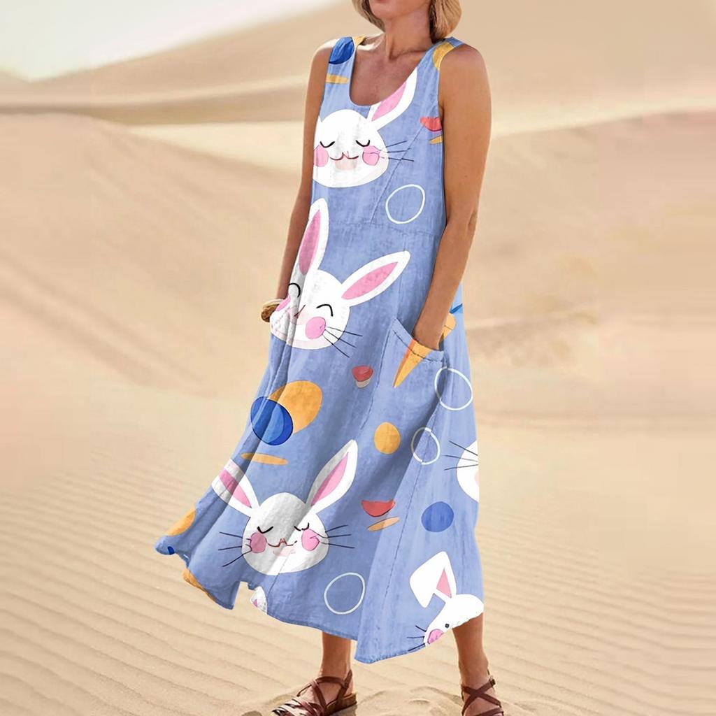 Women's Summer Casual Fashion Easter Printed Sleeveless Round Neck Pocket Dress