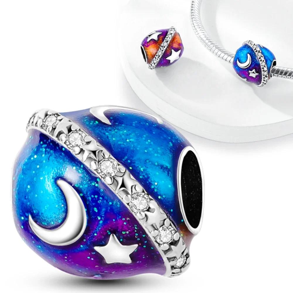 Charms Copper Blue Star Moon Planet Orbit Beads Fit Charms Plata Original Bracelet Beads Women Jewellery Making Diy