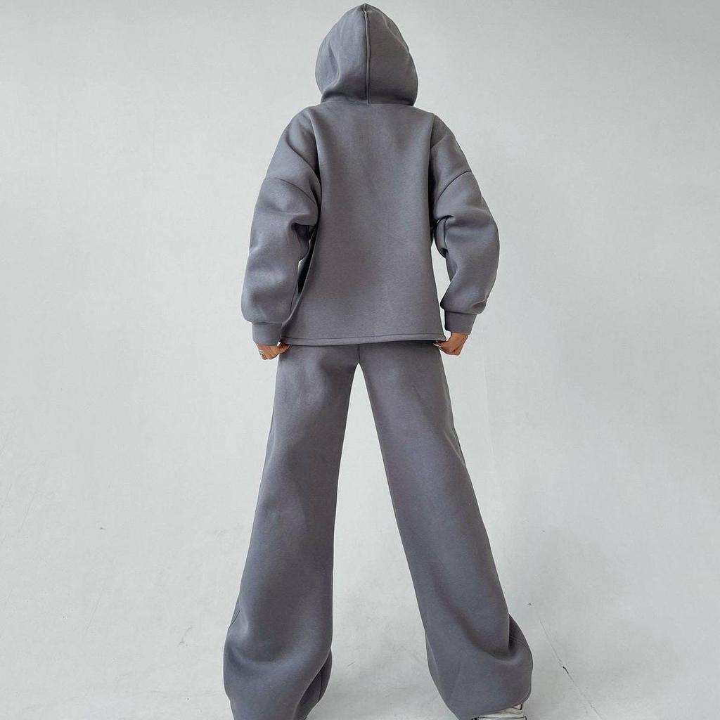 Женский однотонный костюм с длинным рукавом и круглым вырезом, свободный топ, широкие брюки, осень-зима