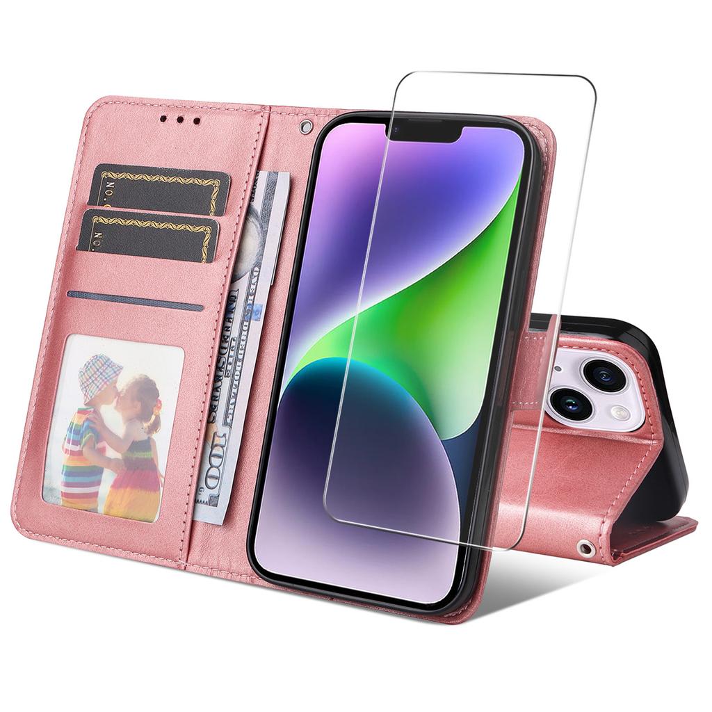 For iPhone 15 Plus PU Leather Wallet Case Phone Stand Cover with Tempered Glass
