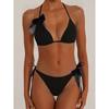 Solid Color Backless Halter Bandage Triangle Micro Thong Bikini Set Women Swimsuit Dot Bowknot Patchwork Swimwear Bathing Suit
