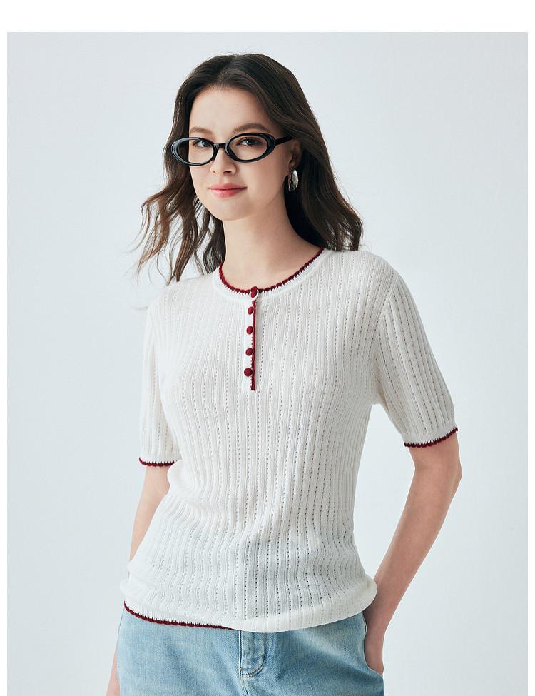 Containing mulberry silk, spring and summer new round neck fashionable contrasting short sleeved comfortable and versatile knitted T-shirt for women