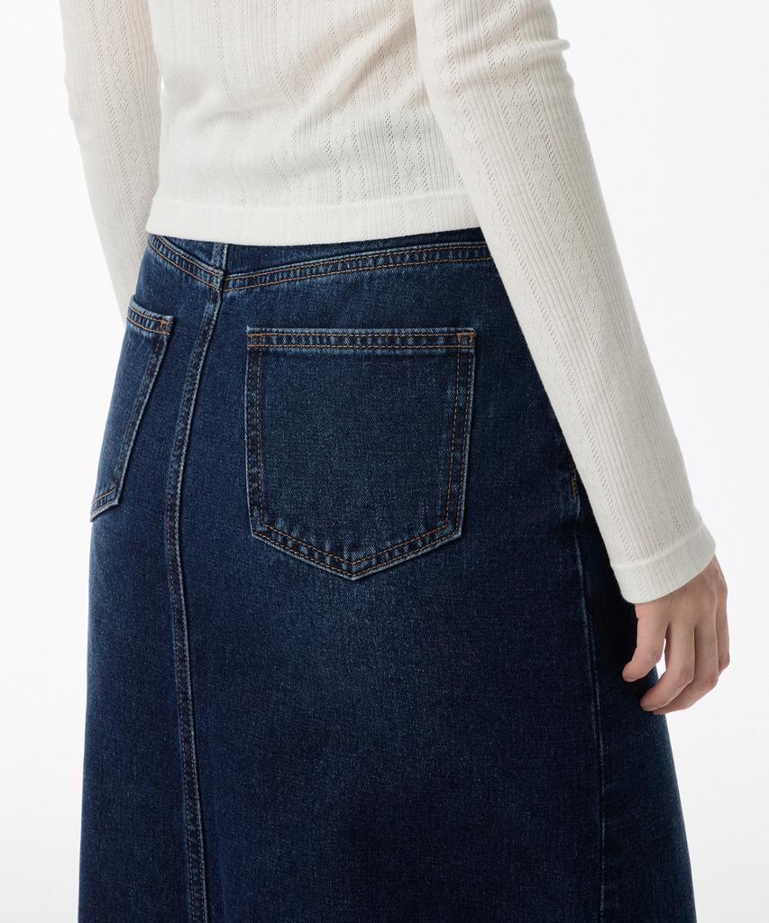 Musinsa Standard Woman Women'S Front Slit Denim Long Skirt [Dark Blue]