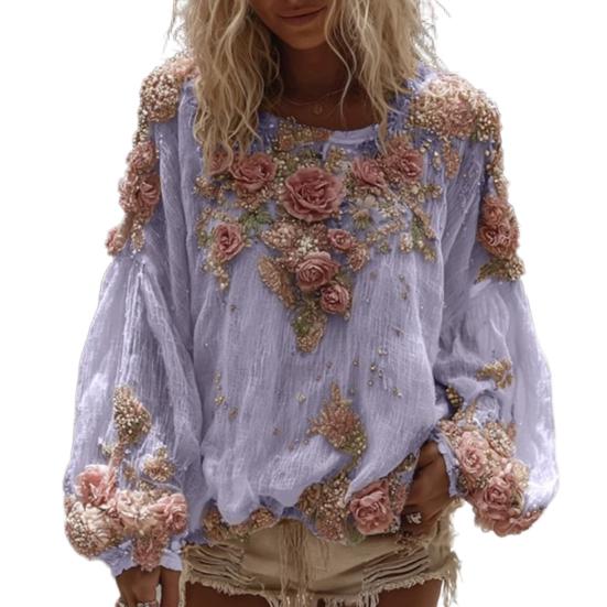 Women Tops V-Neck Lantern Long Sleeve Casual Loose Fit Shirt 3D Flower Pattern Casual Women Shirt Daily Wear