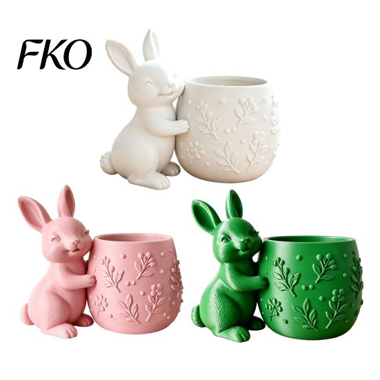 Mini Flowerpot 3D Printed Bunny Hugging Succulents Planter, Cute Rabbit Flower Pot with Embossed Small Desktop Planter Floral Body, Desk Decor
