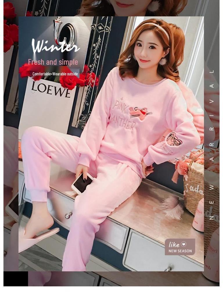 Women's Long-Sleeve Flannel Pajamas - Cute Cartoon Coral Fleece Set for Fall & Winter