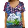 Summer 2023 Novelty Horse Dragonfly Print Short Sleeve T-Shirt, Loose Informal Street Top, Oversized V-Neck, 3D Flower Print Vin