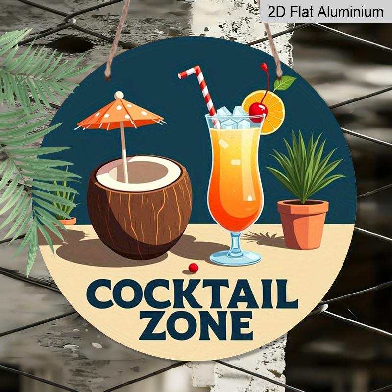 2D Flat 1pc, 8x8 in, Vibrant Tropical Drink Aluminum Metal Decorative Signs & Plaques, Coconut, Umbrella, and Refreshing Beverage Design for Living