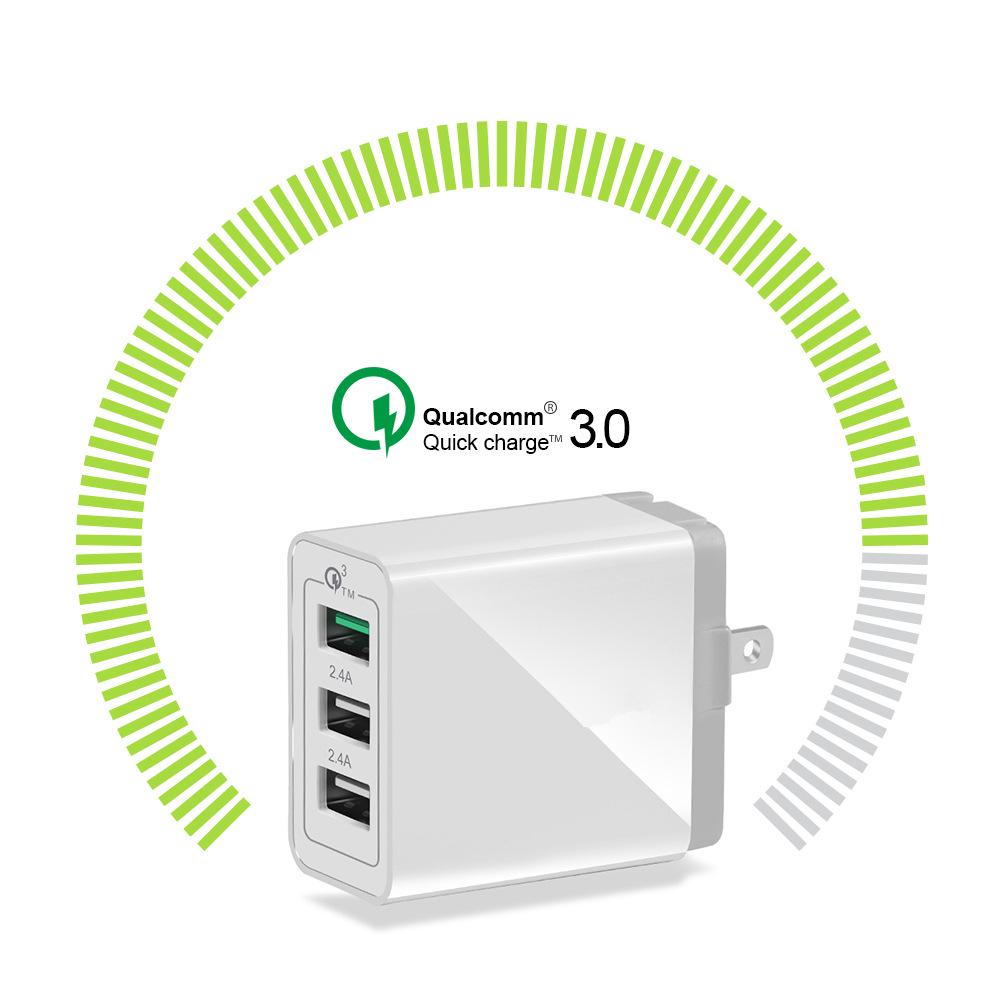 Быстрое 3-портовое USB-зарядное устройство Qualcomm QC3.0 - Совместимо с UK/EU/US