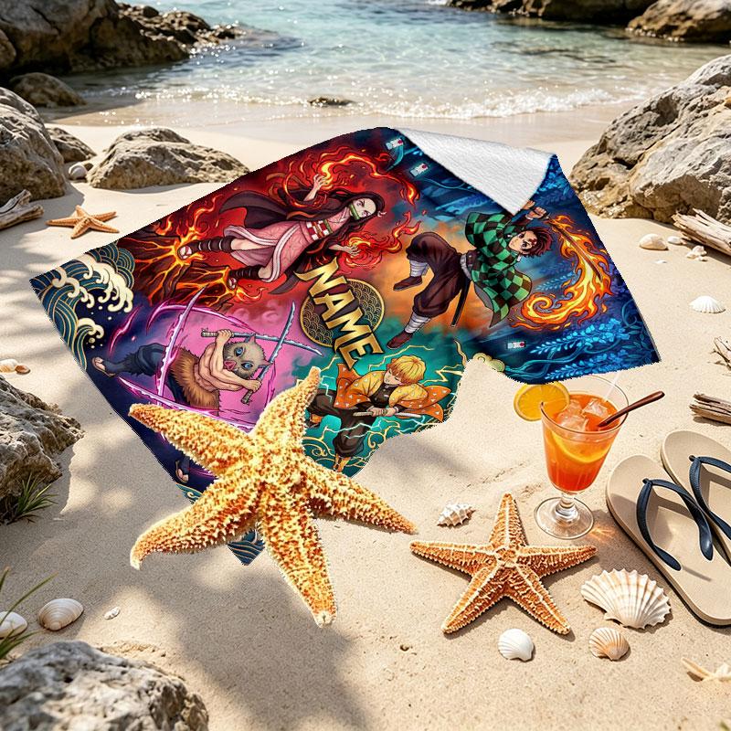 Custom Name Personalized Demon Slayer Print Beach Towel, for Trip Camping Beach Party Home Decor, Birthday Gift for Family & Friends