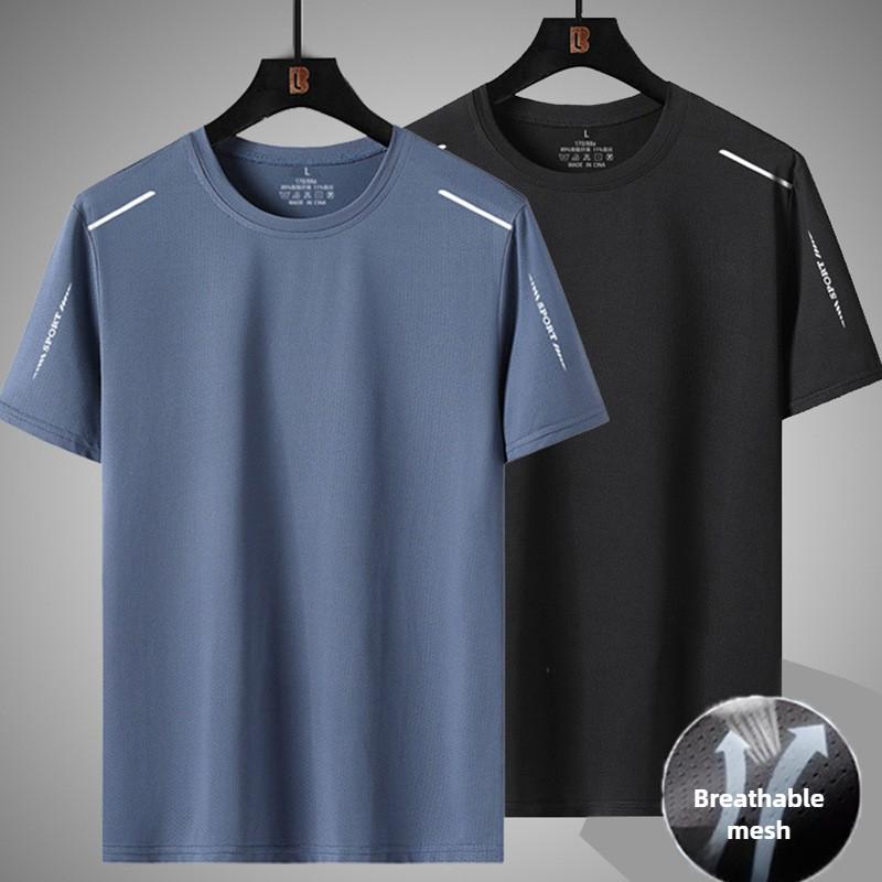 Quick-Dry Ice Silk Short Sleeve T-shirt Men's Summer Loose Plus Size Breathable T-shirt Round Neck Half Sleeve Mesh Sport Top