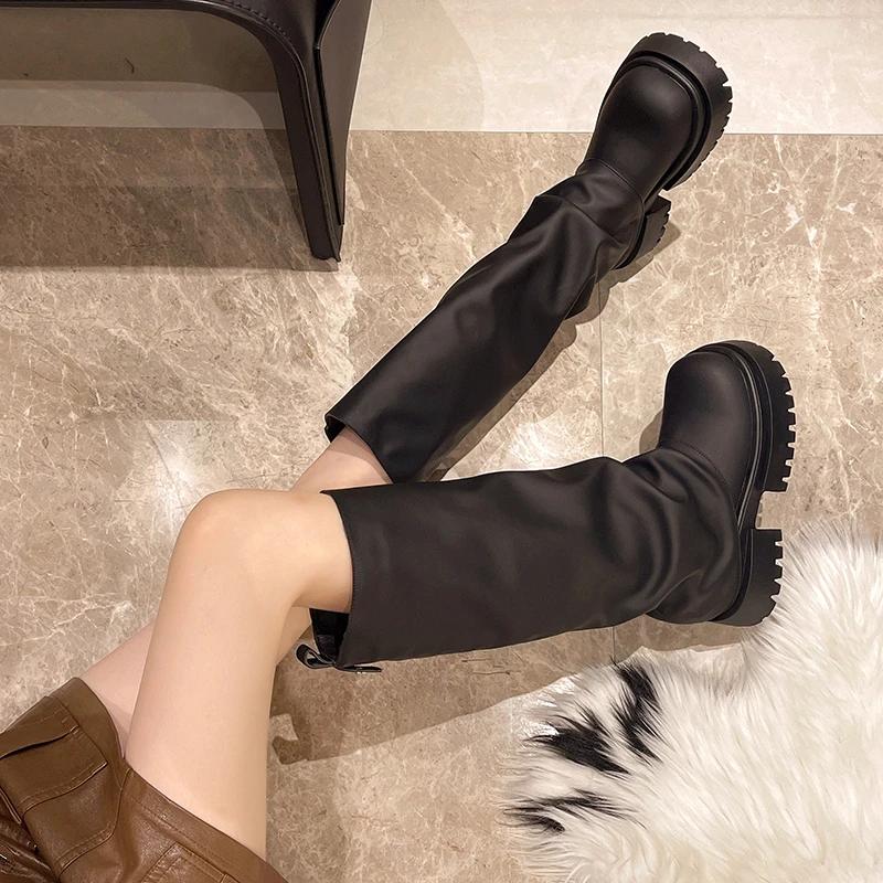 Модные зимние женские сапоги в стиле панк, высокие сапоги до колена, модные длинные сапоги-ботфорты в стиле рыцаря, женские сапоги на платформе и толстом каблуке