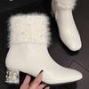 Fashion Women's Short Boots 2025 New Water Diamond Fur Coarse Heel High Heels Fashion Square Head with Velvet Thick Bottom Midsole Boots