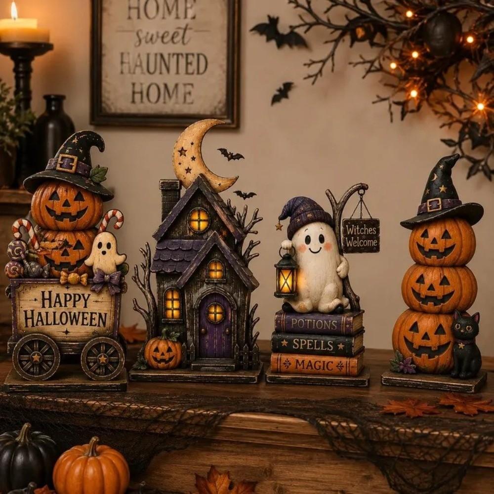 Vintage Halloween Pumpkin Ghost Figurine 2D Flat Halloween Wooden Sign Home Decor