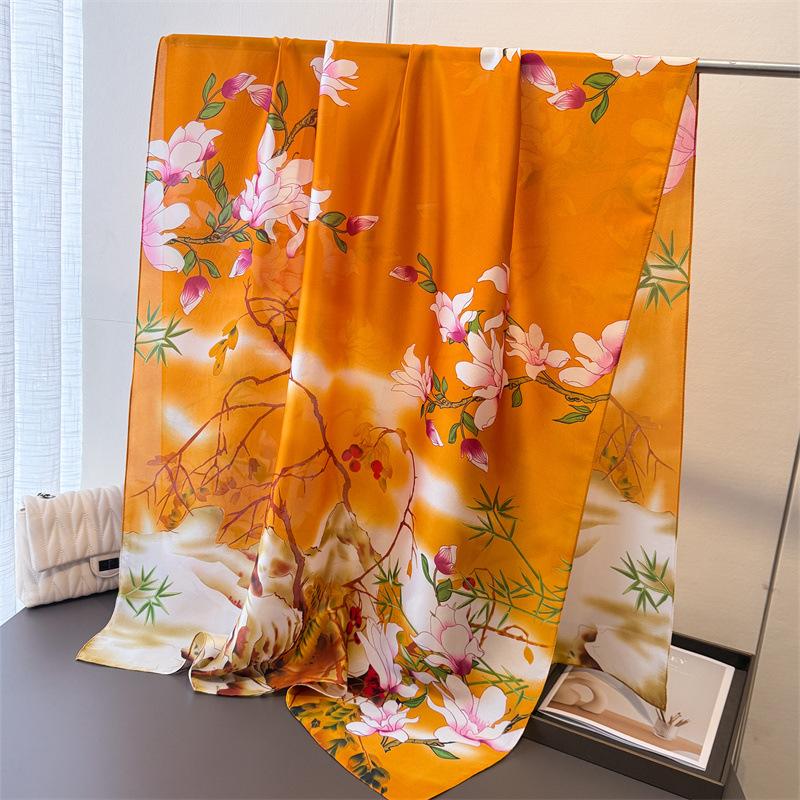 New Printing Simulation Silk Brocade Sunscreen Contrasting Color Flower Silk Scarf Long Scarf Shawl Versatile Headscarf Scarf