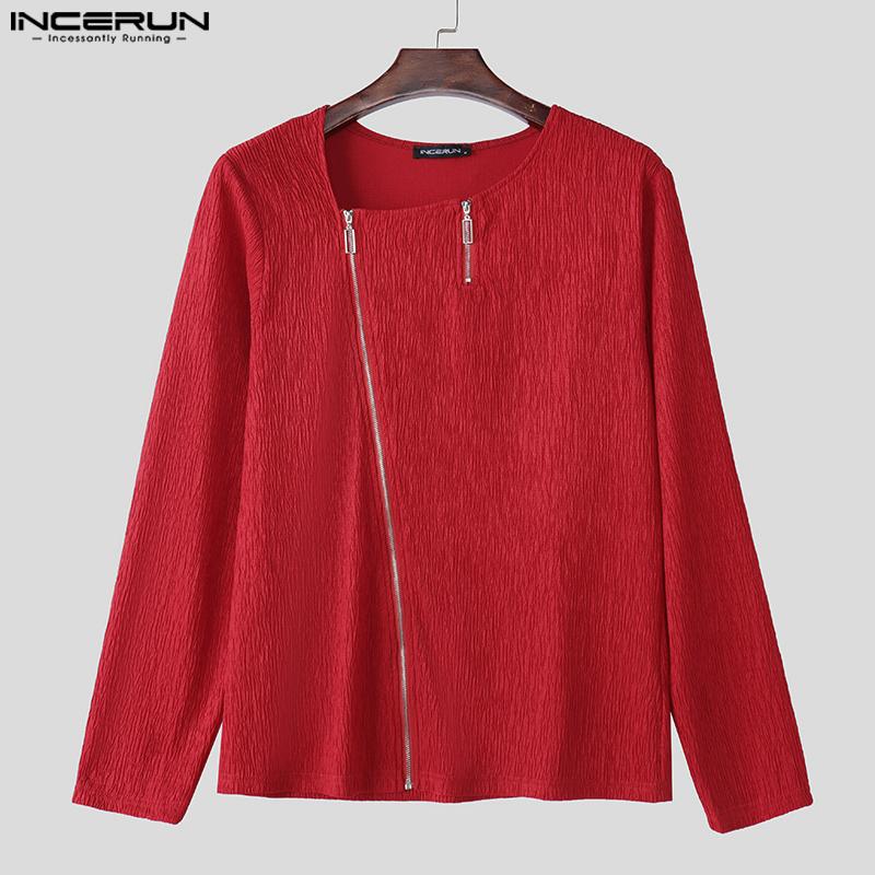 INCERUN Мужские весенние футболки с длинным рукавом на молнии с текстурой