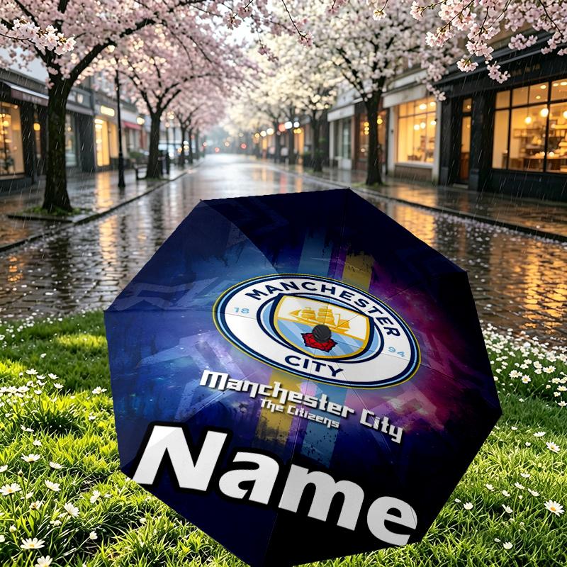 Custom Name Personalized Manchester City FC Print Umbrella, Auto Open Close, 8‑Rib Sturdy Frame, Commute Camping Hiking Use, Birthday Gift