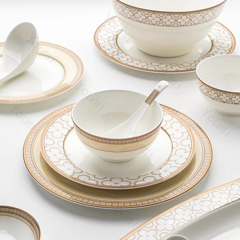 Золотая рамка Высококачественная обеденная тарелка Легкая роскошная креативная ресторанная керамическая тарелка для стейков Бытовая глубокая тарелка Суповая миска Столовая посуда