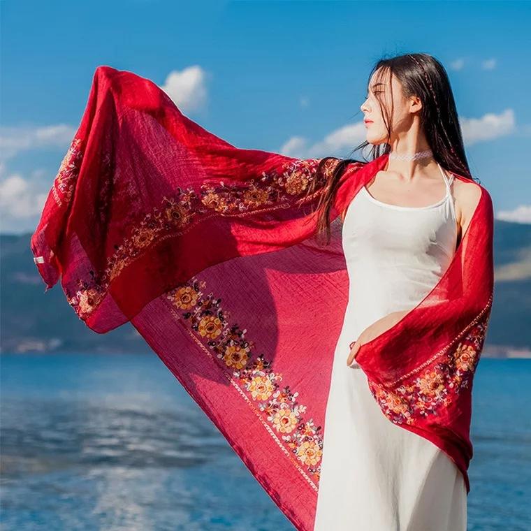 Летний солнцезащитный платок, пляжный шарф, тонкий этнический шарф, модный темпераментный платок из хлопка и льна из вьетнамского тюля для женщин