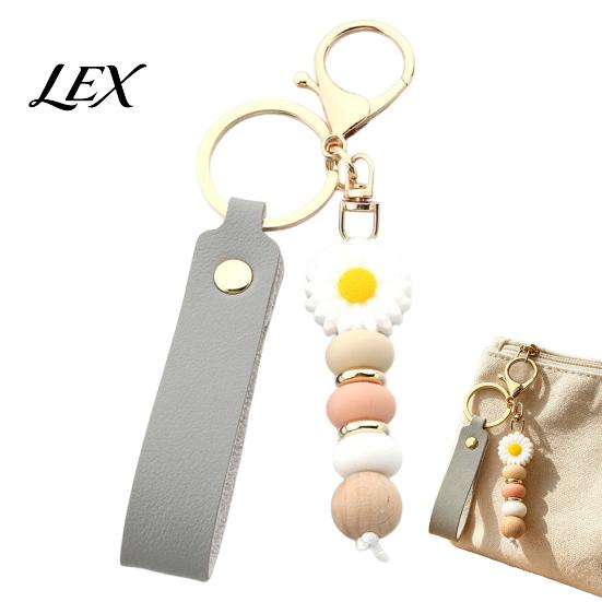 Flower Charm with Wood Beads Silicone Keychain Faux Leather Wristlet, Car Key Floral Ring Pendant Pendant, Handbag Backpack Women