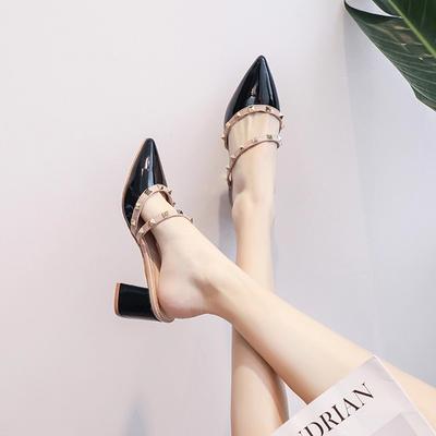 Женские летние полушлепанцы с заклепками, толстый каблук, острый носок, лакированная кожа, туфли на высоком каблуке