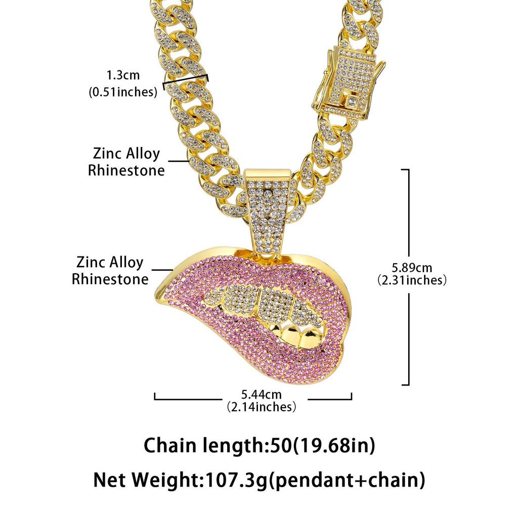Мужское европейское и американское хип-хоп кубинское колье-цепочка с подвеской в виде губ и цинковый сплав, полностью инкрустированный бриллиантами.