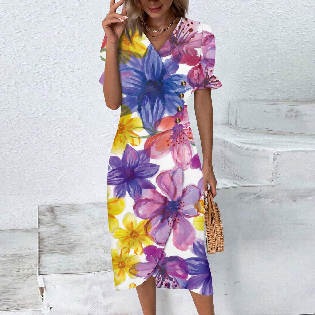 Пляжные платья для женщин, весна-лето, элегантное платье с запахом и V-образным вырезом в стиле бохо, струящееся гавайское платье макси с рюшами