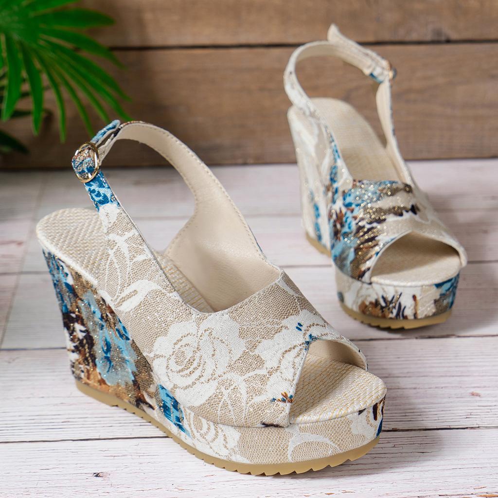 Fashion Summer Beach Boho Floral Wedge Sandals Women Ankle Platform Shoes Woman High Heels Sandalias Platform Heels Zapatos De Mujer