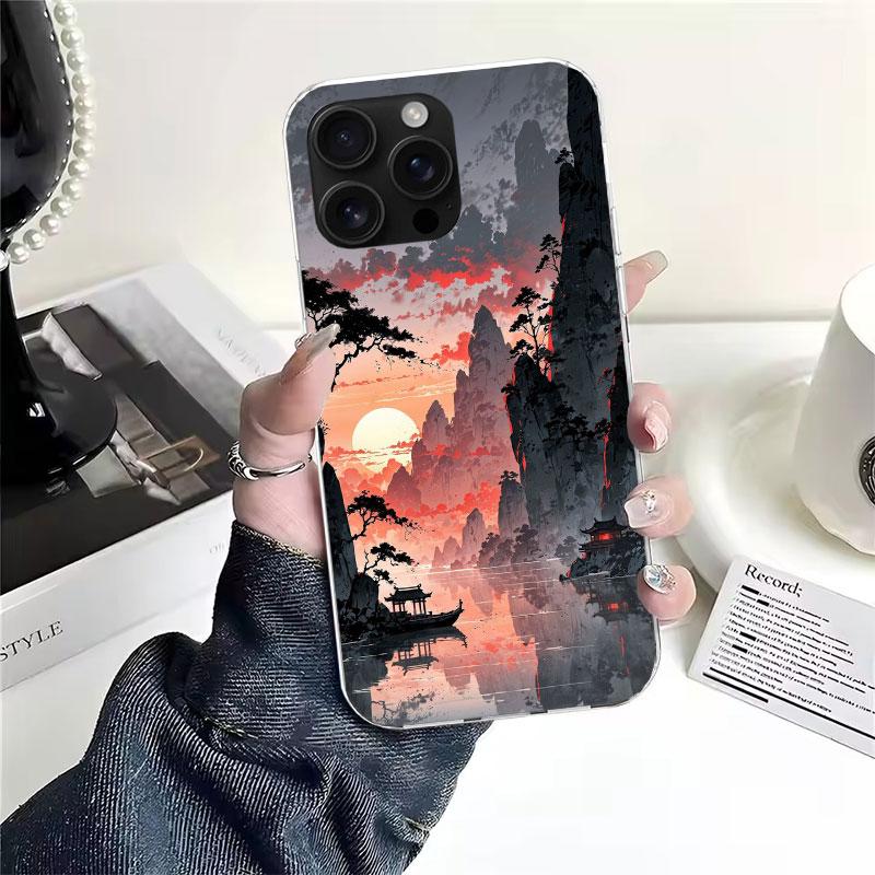 Мягкий чехол для телефона в китайском стиле с рисунком тушью Для IPhone 18 11 17 Air 16E 16 Pro Max 15 + 14 Plus 13 Mini 12 Apple 7 SE 8 Fundas C
