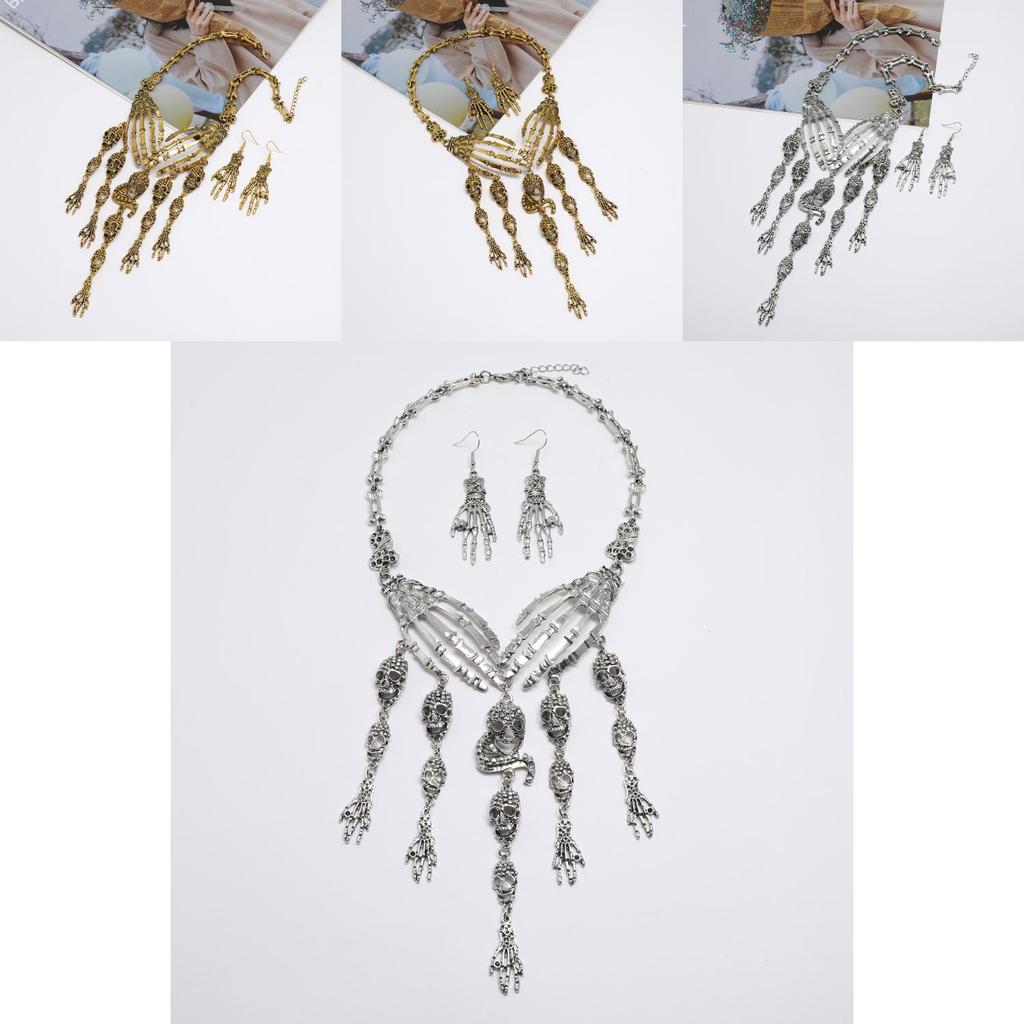 Fashion Hand Bone Women Necklace And Earring Set With Skeleton Tassel Design For Gothic Costumes