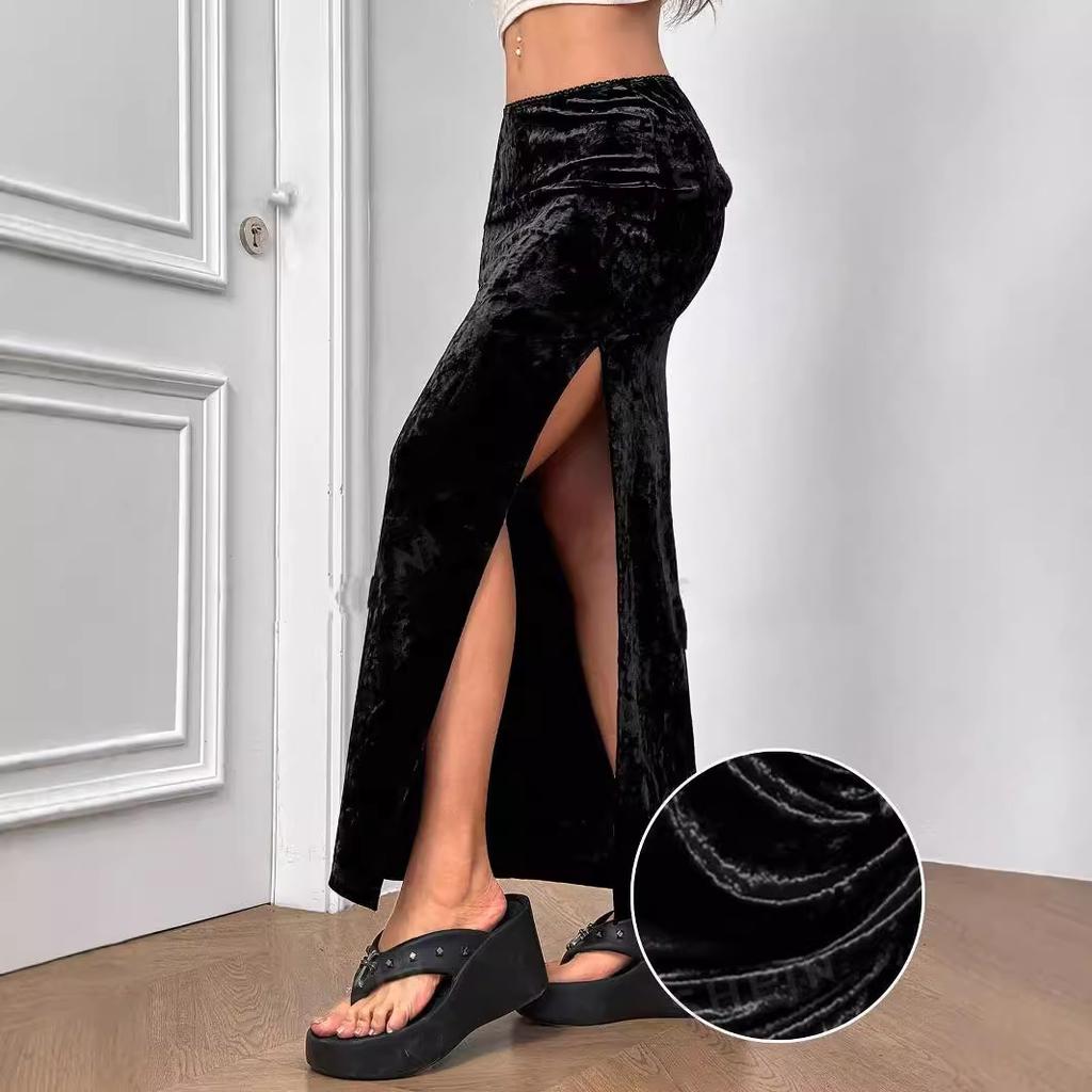 High Waisted Gold Velvet Slit Sexy Half Women's Skirts