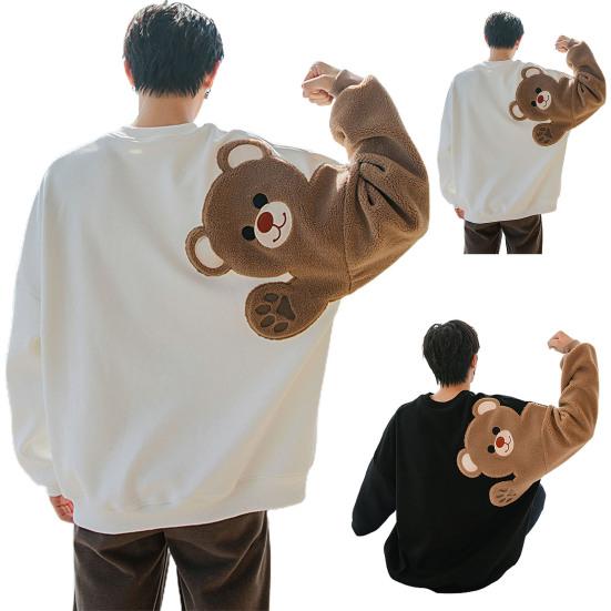 Мужская толстовка с напуском и вышивкой медведя, свободная флокированная студенческая толстовка