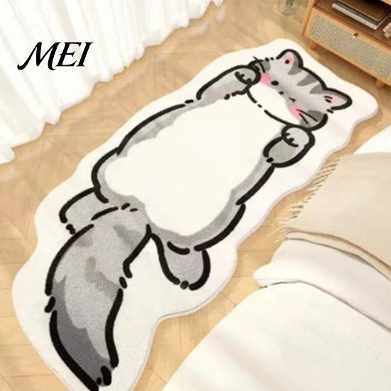 Fluffy Floor Mat Cute Cat Bath Rug, Irregular Animal Shaped Mat, Soft Absorbent Kids Room Non Slip Area Carpet for Tub, Shower, Bedroom, Living