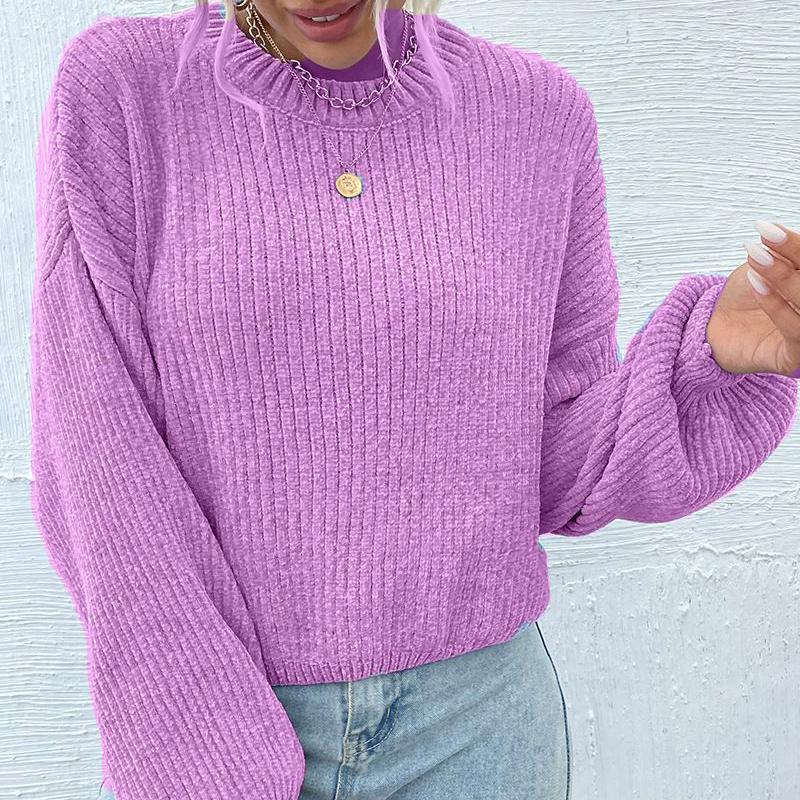 Женский короткий однотонный вязаный свитер с круглым вырезом и длинными рукавами из шенилла, свободный базовый свитер