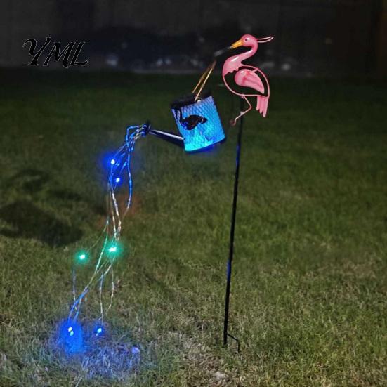 Decorative Flowing Water Effect Lamps Flamingo Garden Statue with Solar Watering Can Lights, Iron Decor for Terrace Path Outdoor Lawn Ornament